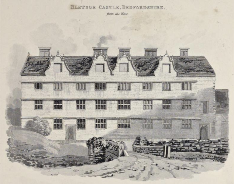 19th century ethcing of Bletsoe Castle Bedfordshire. In the foreground is a dirt track and stone bridge. in the centre of the image is a large rectangular building with little ornate decaration. It has four stories, four chimneys and rows of windows. 