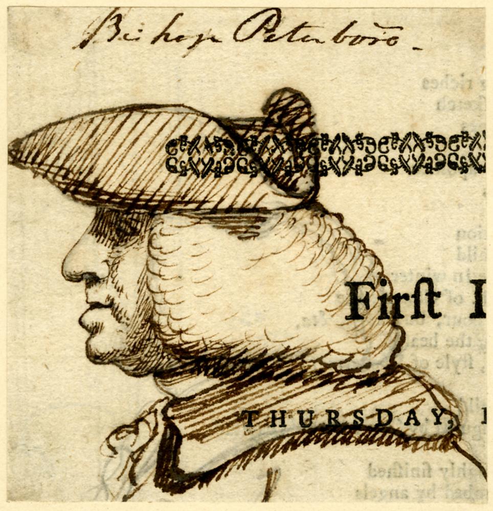 Drawing of a man in profile wearing a tricorn hat and a large wig. He has a prominent nose.